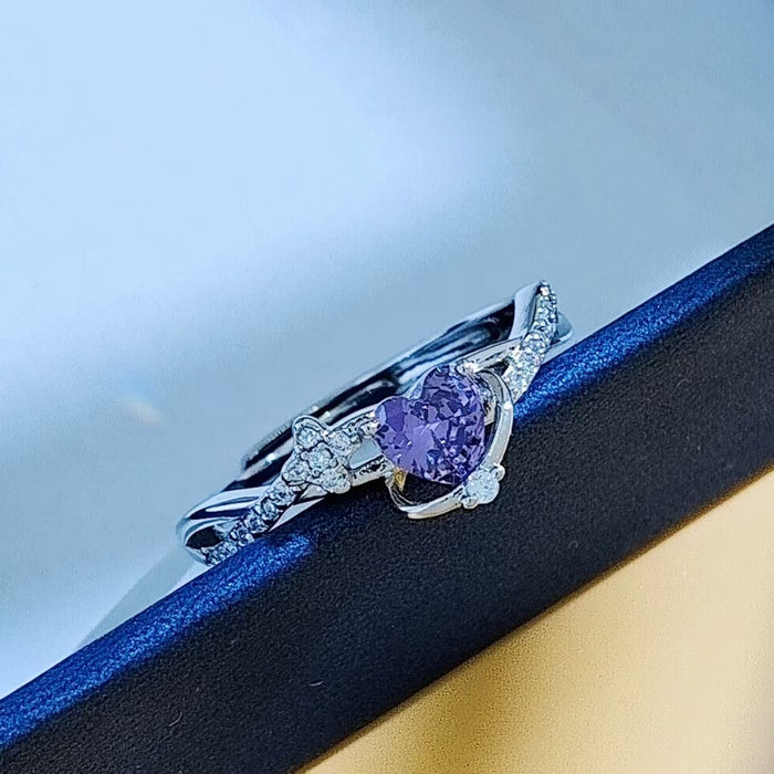Wholesale Pink heart-shaped zircon open ring, light luxury sweetheart amethyst ring
