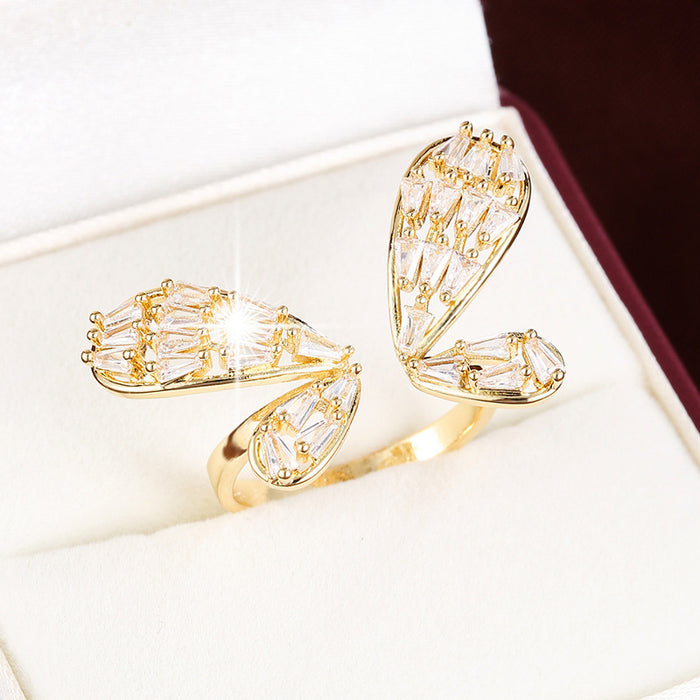 Wholesale Copper Zircon Butterfly Adjustable Ring Gold+ White Fashion Jewelry Accessory