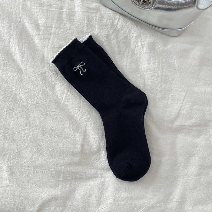 Wholesale Silver wire bow versatile embroidery mid tube socks pile socks