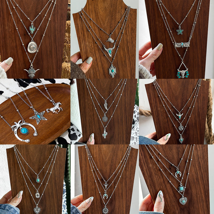 Wholesale Western Denim Style Hat Turquoise Multi-layer Necklace Women' s Vintage Flower Plate All-match Necklace