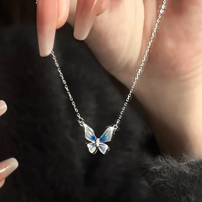 Wholesale Gradient blue butterfly necklace, niche, light luxury, high-end design, collarbone chain