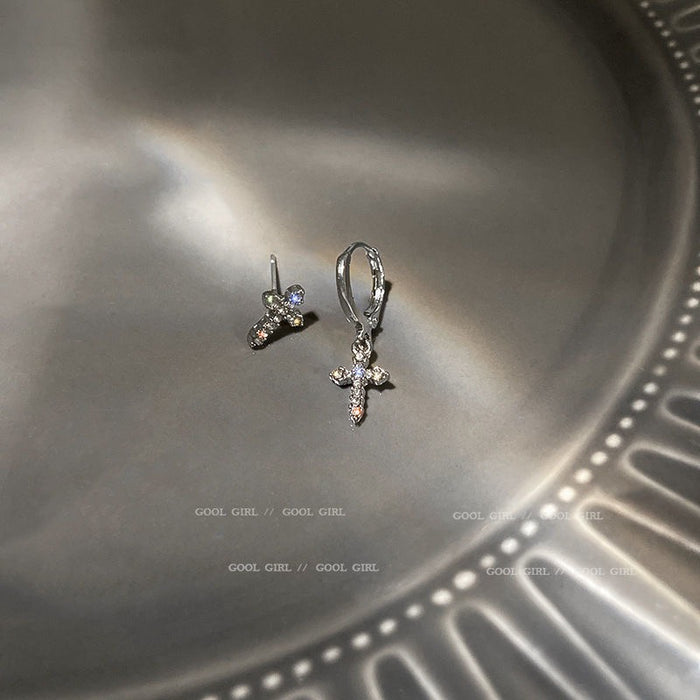 Wholesale Silver Needle Asymmetric Diamond Cross Earpin Charm Earclip Fashion Earaccessory