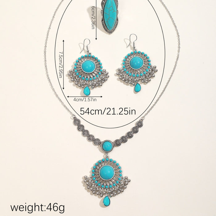 Wholesale Turquoise Necklace Set with Earrings Plant Flower Pattern Layering Jewelry MOQ≥3