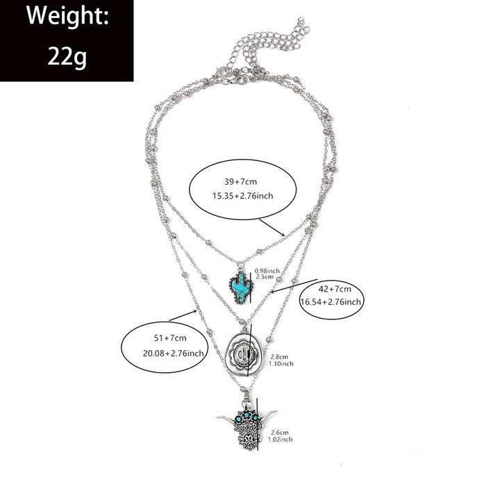 Wholesale Western Denim Style Hat Turquoise Multi-layer Necklace Women' s Vintage Flower Plate All-match Necklace