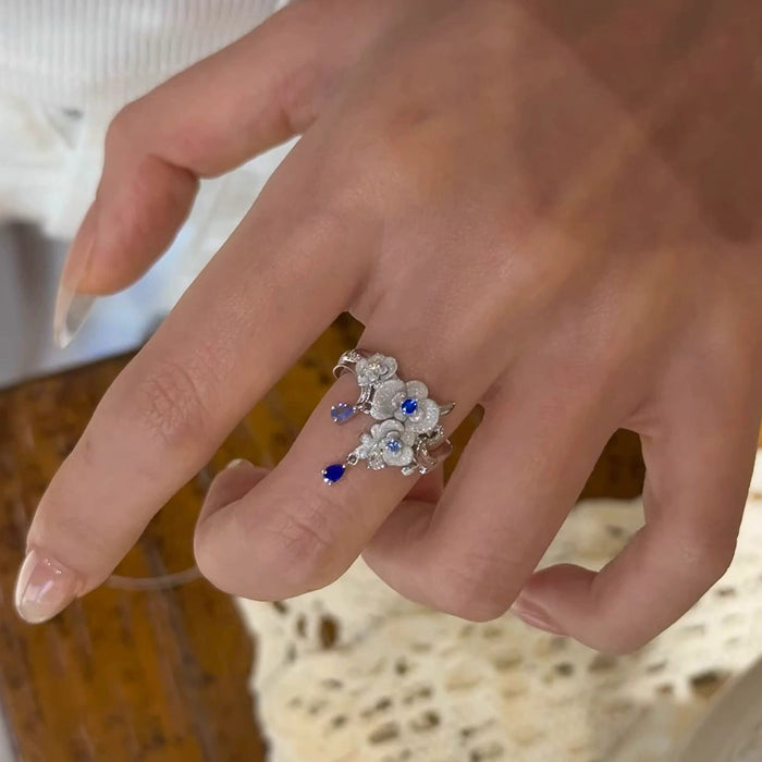 Wholesale Heavy-Duty Blue Sparkling Diamond Hydrangea Ring Retro