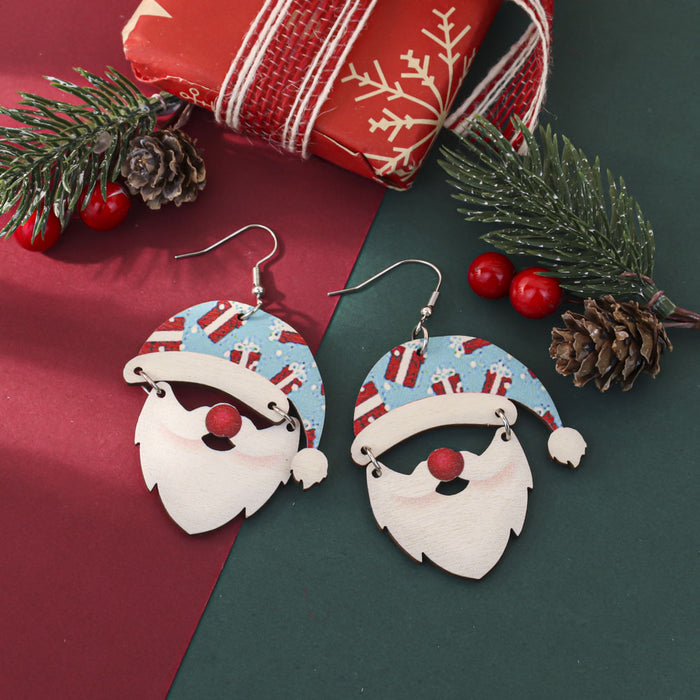 Wholesale Cartoon Christmas element printed wooden earrings for women Christmas tree earrings