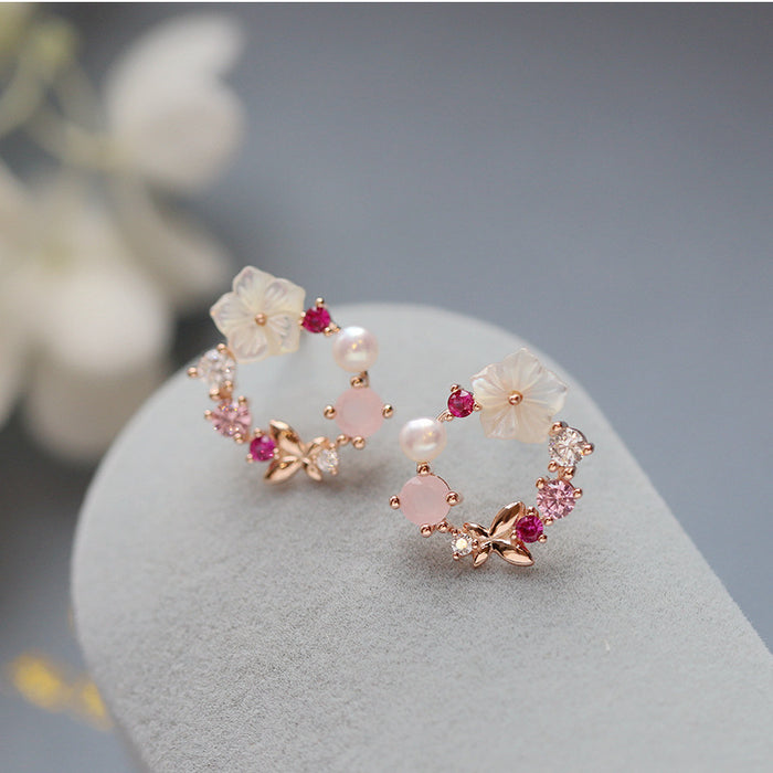 Wholesale  Silver Needle Wreath Pearl Earrings Women'sAntique Sakura Earrings