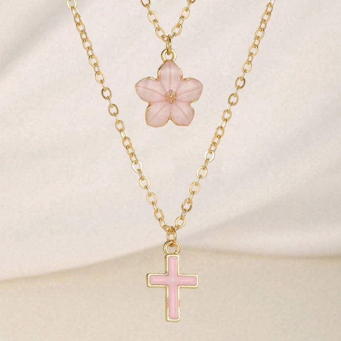 Wholesale Drip Oil Cross Flower Pendant Necklace Layered Collar Chain Necklace