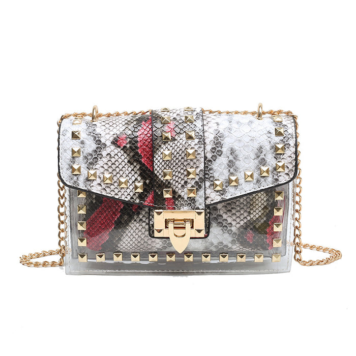 Wholesale PU Funny Graffiti Letters Snake Pattern Rivets Shoulder Chain Crossbody Contrast Color Bag JDC-SD-Lenao005