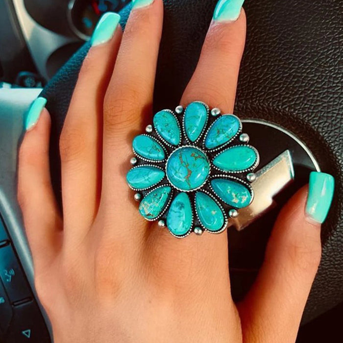 Wholesale Retro Bohemian Turquoise Flower Open Ring Alloy Fashion Accessory
