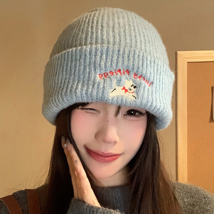 Wholesale Cute puppy embroidered knitted woolen hat for women, versatile big head circumference hat for autumn and winter