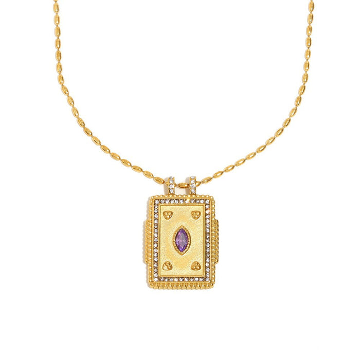 Wholesale Stainless steel jewelry trendy gold plated tarot card square pendant with dripping oil round flower necklace