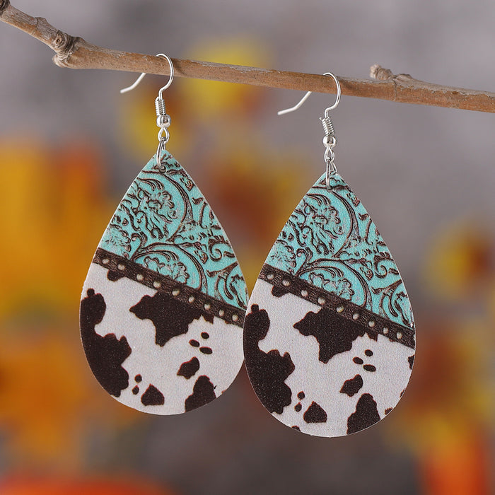 Wholesale Ethnic Leopard Dairy Pattern Turquoise Pattern Water Drop Earrings Women PU Double-sided Earrings