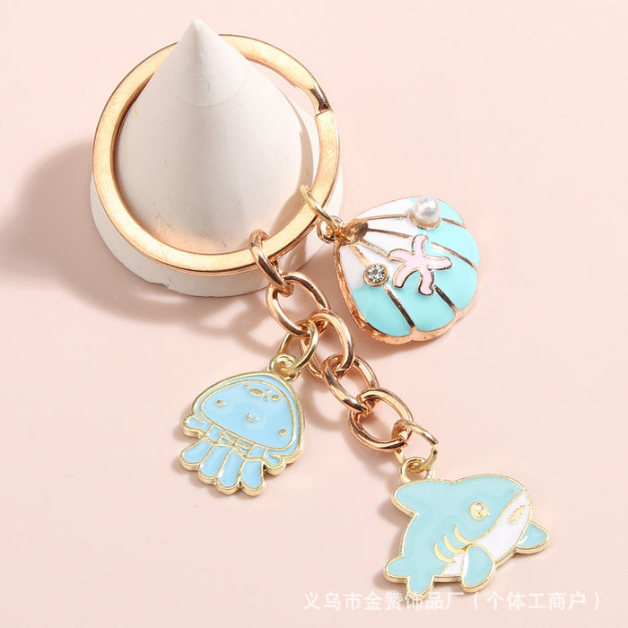 Wholesale Ocean shell keychain alloy oil drop pearl starfish pendant girls bag car ornaments small gift