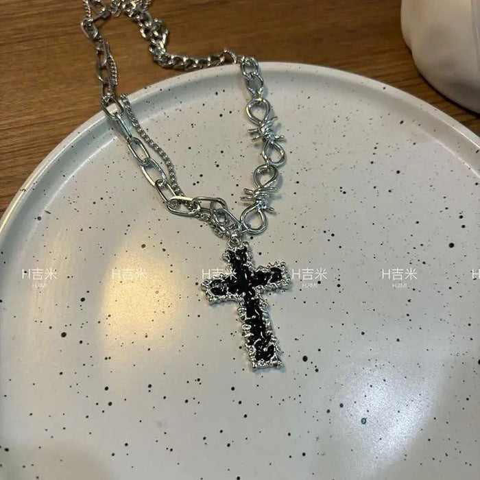 Wholesale Black necklace with butterfly and cross design,  hip-hop style.