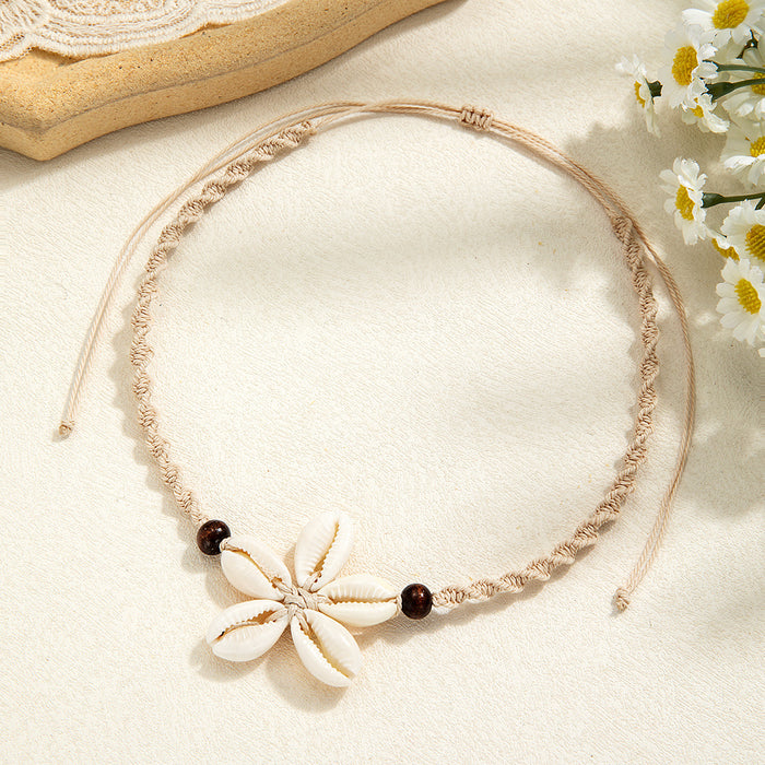 Wholesale Vacation style shell weaving flower wood bead rope weaving adjustable necklace accessories