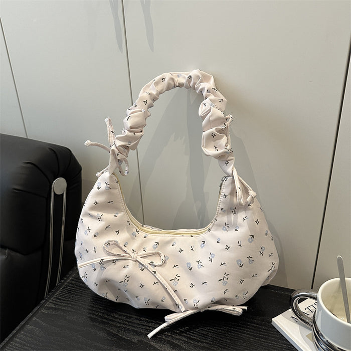Wholesale Bowknot Floral Pleated Cloud Bag Women' s One-shoulder Underarm Bag Casual Crossbody Canvas Bag
