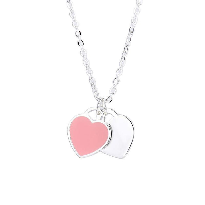 Wholesale Heart Necklace Sterling Silver Red Heart Dripping Oil Enamel Blue Clavicle Chain Double Heart-Shaped Pendant