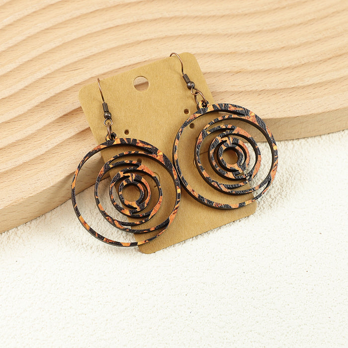 Wholesale Retro Holiday Versatile Bohemian Style Leopard Print Wooden Hollow Women' s Earrings Round Earrings