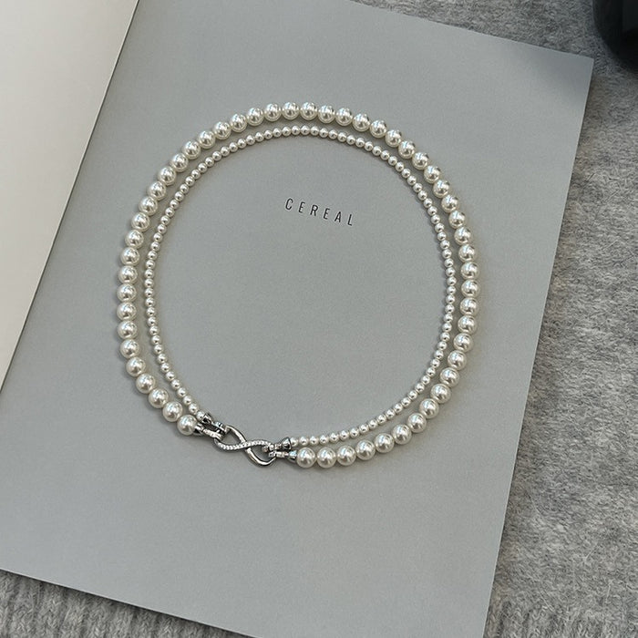 Wholesale   Pearl 8-character buckle double-layer stacked belt necklace pearl necklace