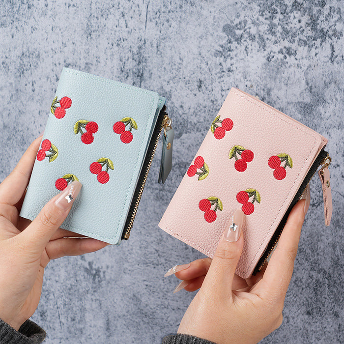 Wholesale Blue Embroidered Fruit Pattern PVC Wallet for Daily Matching MOQ≥3