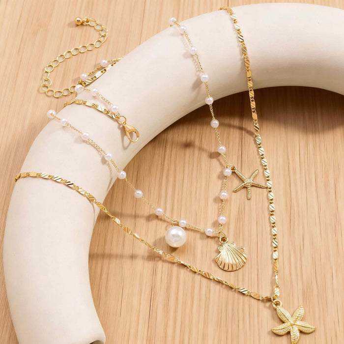 Wholesale Bohemian Starfish Shell Pendant Necklace Faux Pearl Ocean Series Beach Vacation Style