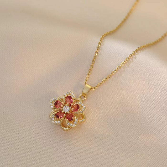 Wholesale Rotatable Zircon Flower Necklace Niche Pendant Elegant Titanium Steel Clavicle Chain