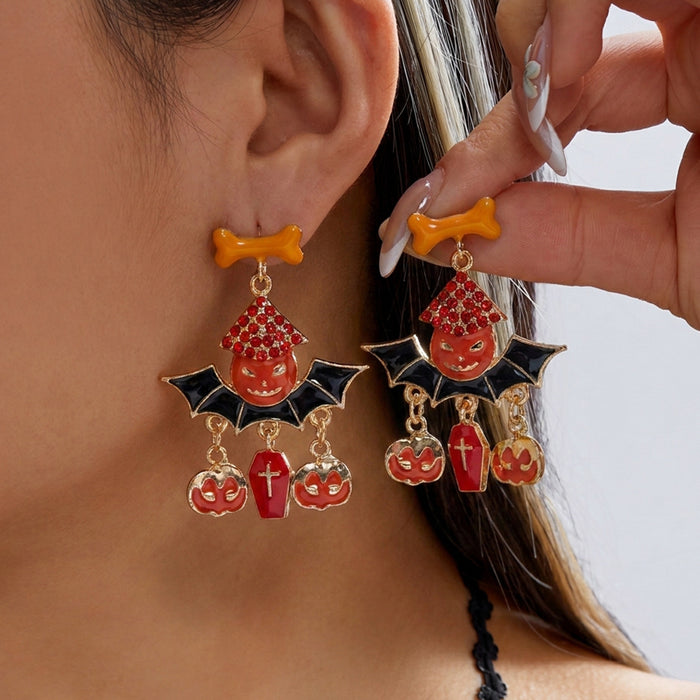 Wholesale Dark Drip Oil Rhinestone Earrings Skull Pumpkin Bat Design Alloy Party Wear