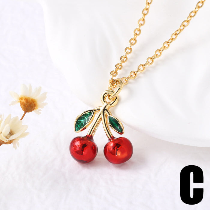 Wholesale Jewelry  Fruit Cherry Pendant Necklace Women Gold Plated Oil Drop Collarbone Chain