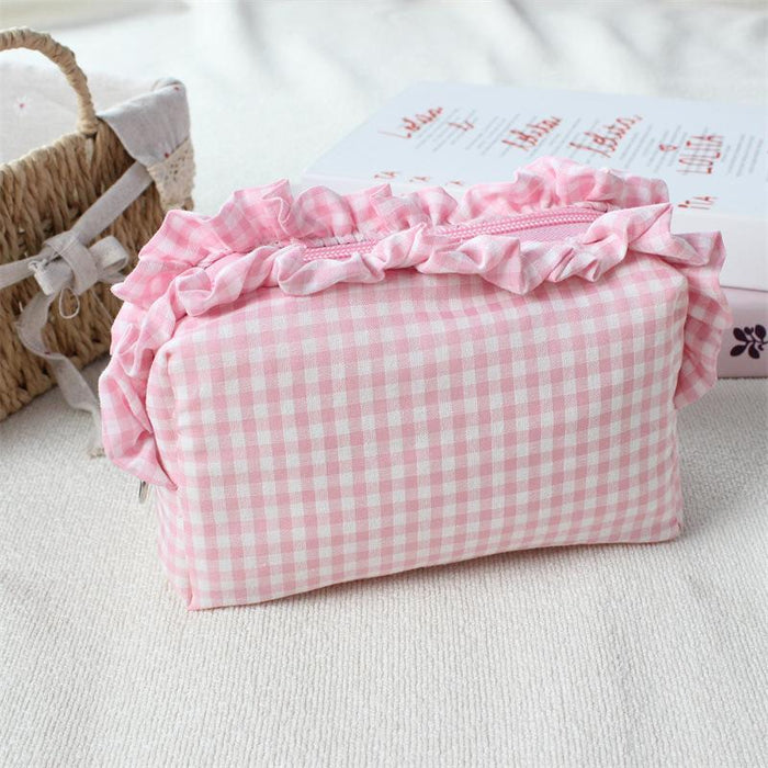 Wholesale Trendy Black Plaid Pleated Lace Pencil Case Large Capacity Student Stationery Pouch Boutique Gift
