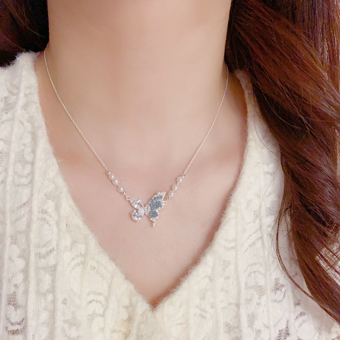 Wholesale Blue Crystal Butterfly Pearl Necklace Thick Gold Plated Copper Fashion Jewelry Accessory