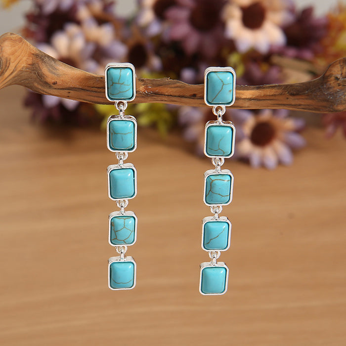 Wholesale Retro Square Turquoise Inlay Earrings Blue Long Tassel Alloy Fashion Jewelry