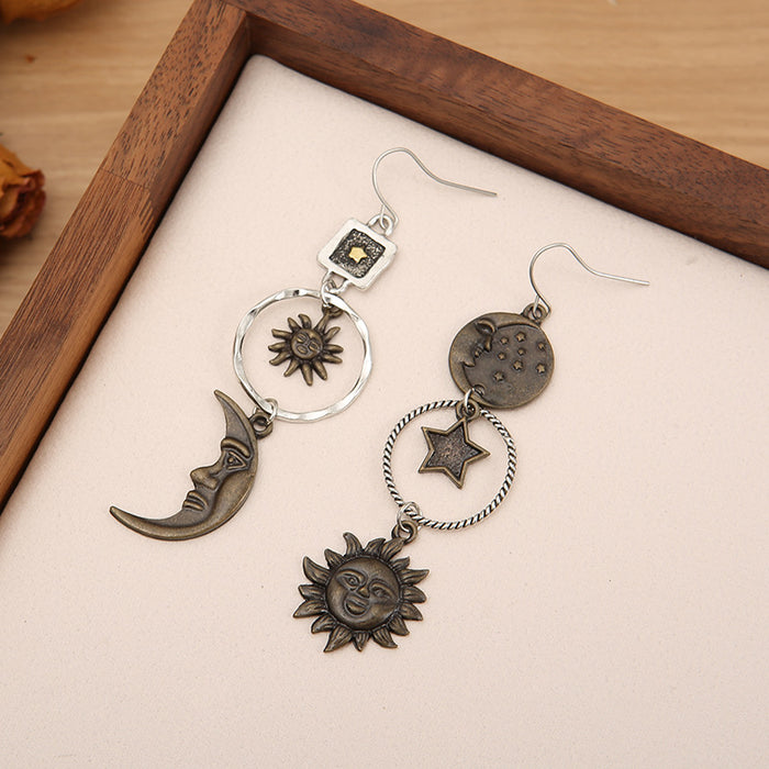 Wholesale Independent Station Retro Pentagram Sun Moon Long Pendant Earrings