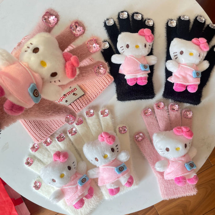 Wholesale rhinestone cute plush gloves autumn and winter girl warm knitted five-finger gloves
