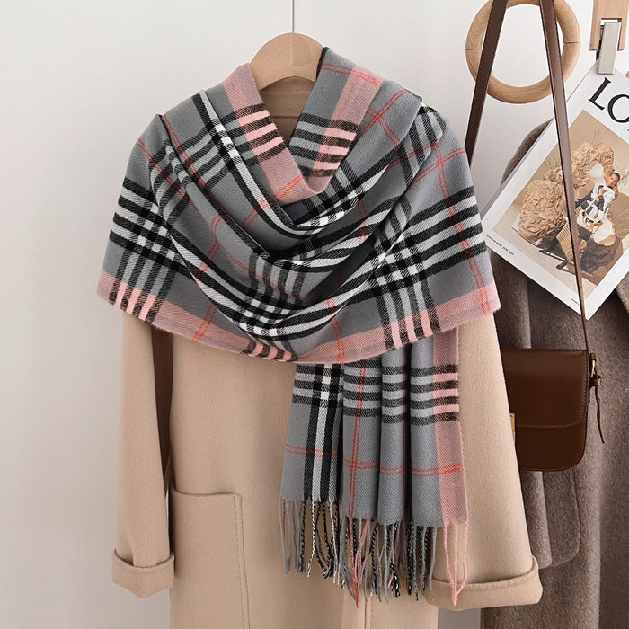 Wholesale  Winter Classic Plaid Faux Cashmere  Tassel Shawl