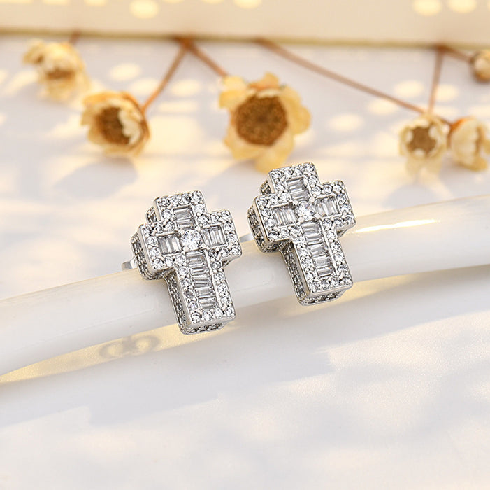 Wholesale Copper Micropaved Zirconia Cross Thread Earrings JDC-ES-QLX075