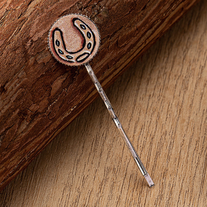 Wholesale leather western cactus horseshoe pattern printing hairpin