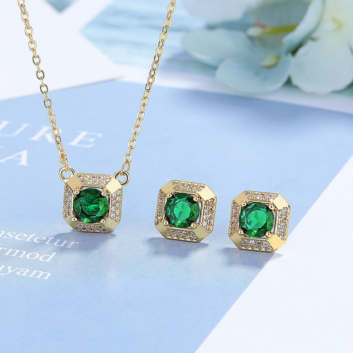 Wholesale Zircon necklace earring set, fashionable square pendant, collarbone chain