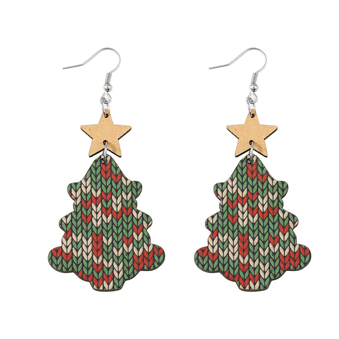 Wholesale Christmas Tree Sweater Knitted Pendant Wooden Double-Sided Earrings