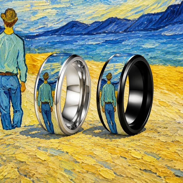 Wholesale Vintage Oil Painting Transfer Stainless Steel Ring Fashion Jewelry Accessory