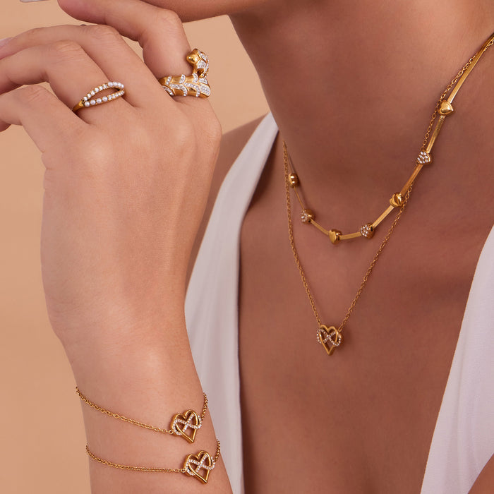Wholesale Full-Pavé Heart Layering Titanium Steel Necklace &  Bracelet Set