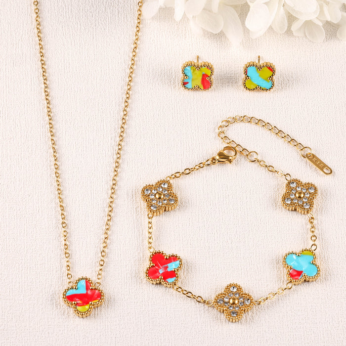 Wholesale Stainless Steel Four-Leaf Clover Three-Piece Gold-Plated Jewelry Set