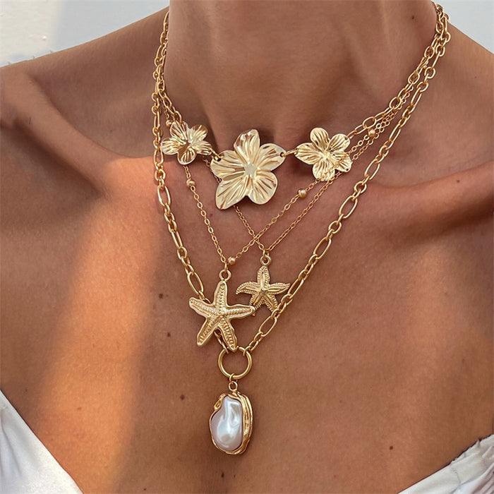 Wholesale Starfish Shell Conch Pendant Pearl Necklace Multi-layer Stacked Necklace Women