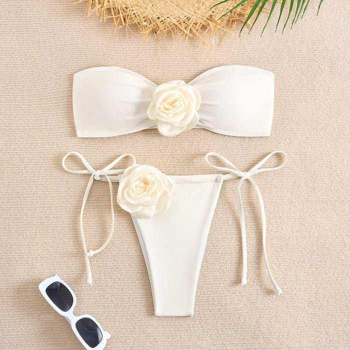 Wholesale Solid color split swimsuit for women, three-dimensional flower swimsuit