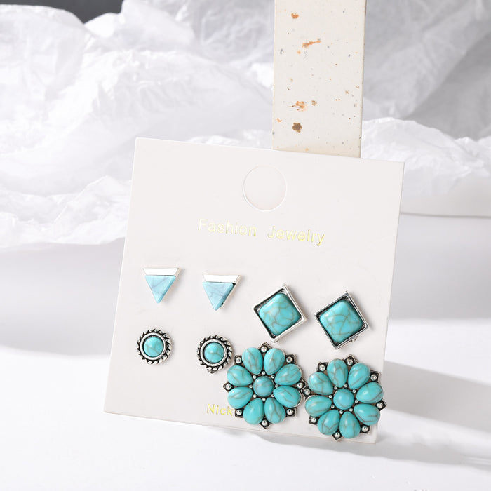 Wholesale Retro Bohemian Turquoise Round Earrings 4 Pair Set