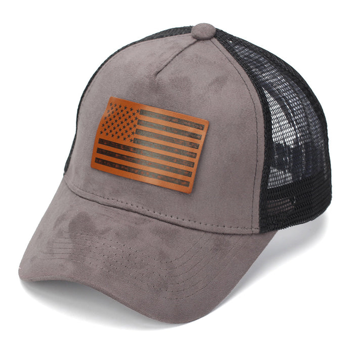 Wholesale Stylish American Flag Leather Patch Trucker Cap Suede Mesh Baseball Cap Summer Casual