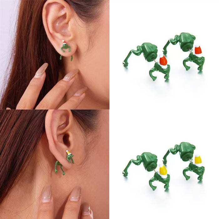 Wholesale Christmas innovative earrings retro punk funny animal personality interspersed with Christmas hat small frog earrings