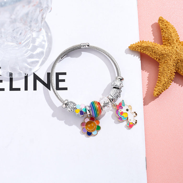 Wholesale Stainless Steel Unicorn Sunflower Pendant Opening Adjustable Beaded Bracelet