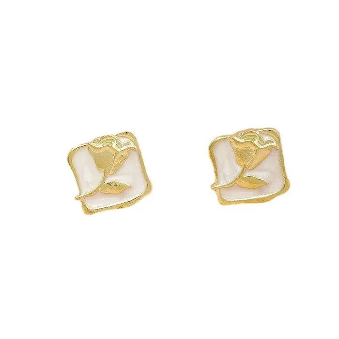 Wholesale Vintage rose silver needle earrings autumn and winter new item niche painting oil rose flower wholesale