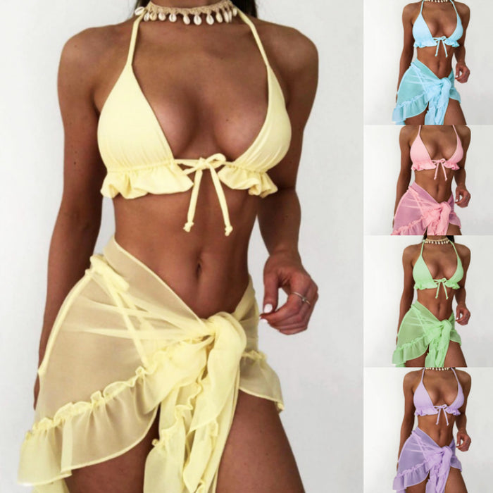 Wholesale New pleated lace up neck hanging mesh bikini solid color three piece set